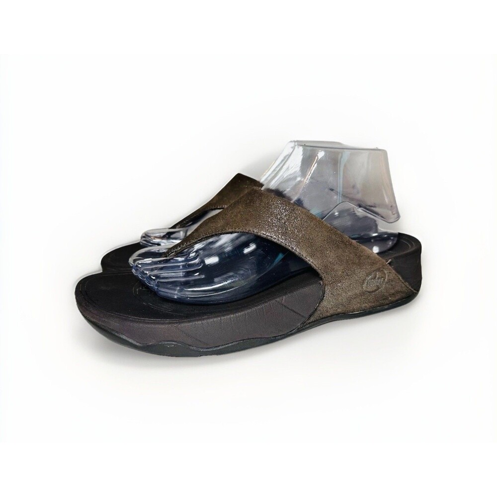 FitFlop Lulu Glitter Brown Leather Slip On Thong‎ Comfort Sandals Women's 9